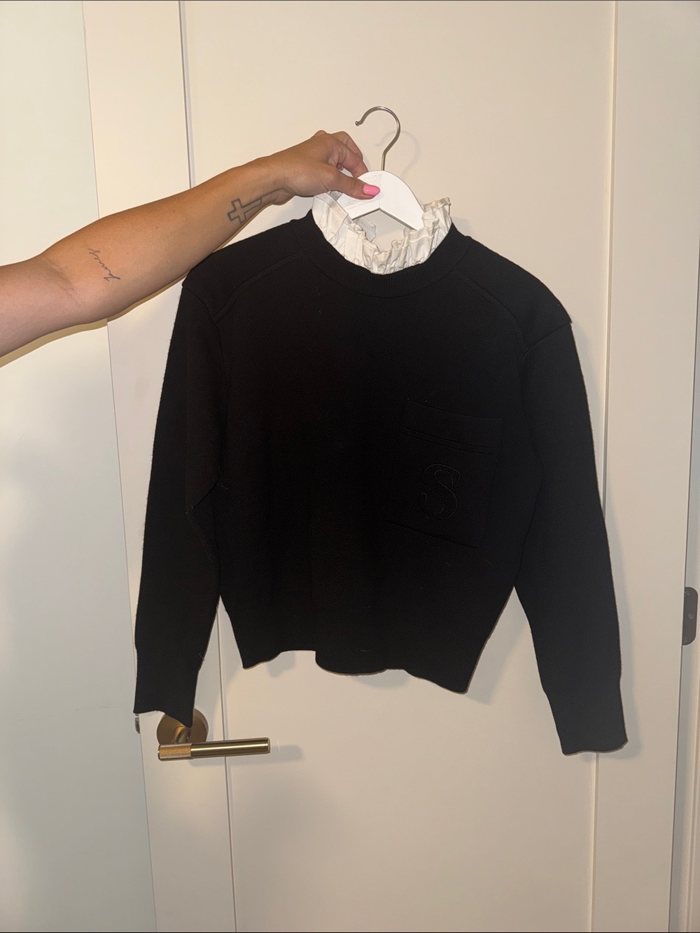 Sandro Black Crewneck Sweater with Chest Pocket